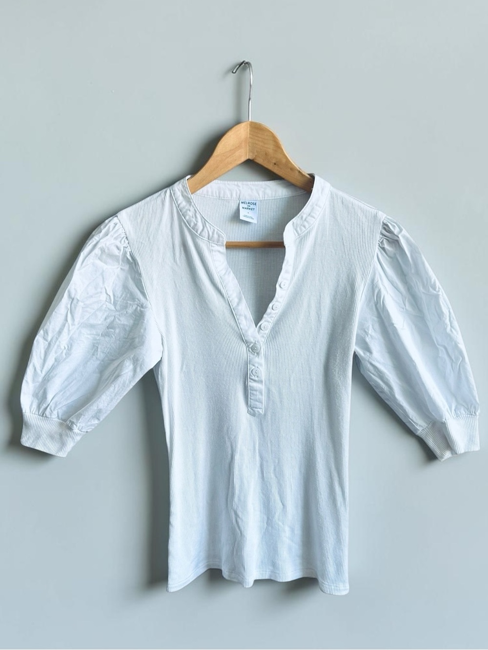 Nordstrom Melrose and Market White Ribbed Knit Henley Top Puff Sleeves Coquette